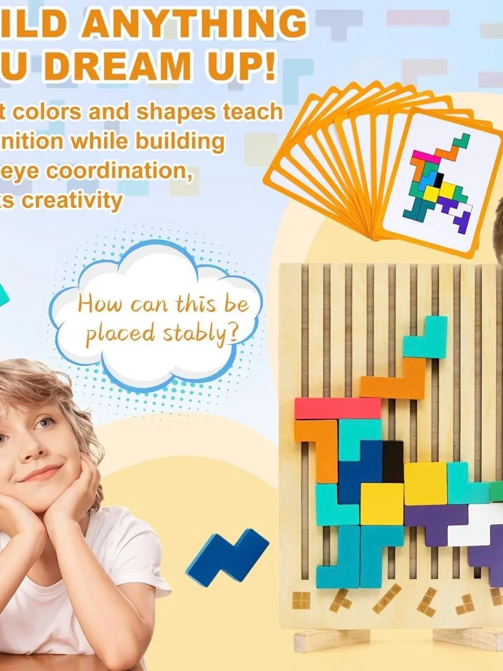 NWB Wooden Montessori Blocks Puzzle for Kids, Brain Teaser Stacking Toy Russian